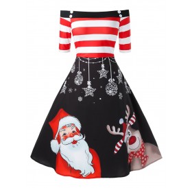 Plus Size Off The Shoulder Christmas Printed A Line Dress - Black L