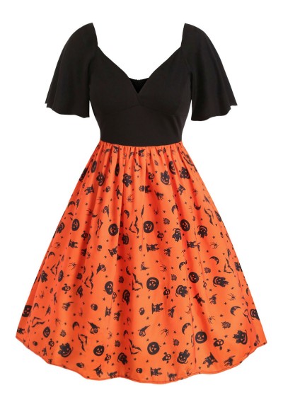 Plus Size  Sweetheart Neck Printed Halloween Vintage Dress - Pumpkin Orange L