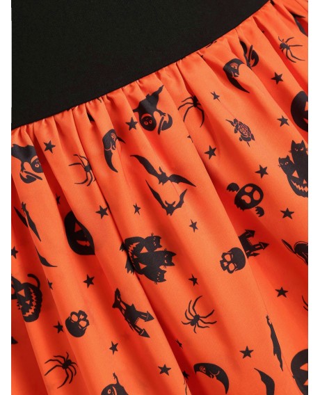 Plus Size  Sweetheart Neck Printed Halloween Vintage Dress - Pumpkin Orange L