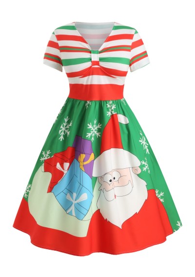Plus Size Christmas Santa Claus Striped A Line Dress - Yellow Green L