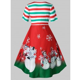 Plus Size Vintage Stripe Snowman Print Christmas Swing Dress - Red L