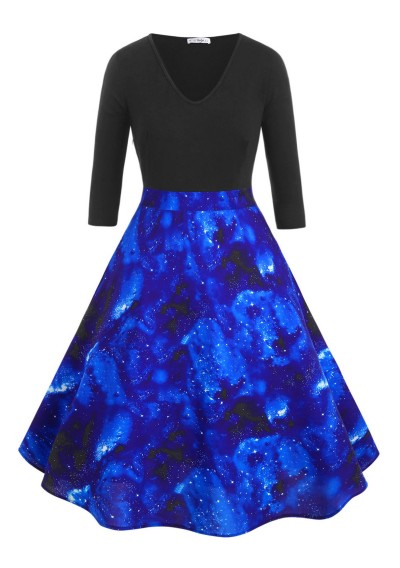 Contrast Galaxy Print V Neck Plus Size Dress - Blue L