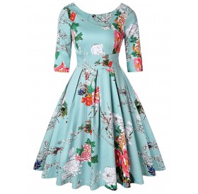 Plus Size Vintage Floral Print Fit and Flare Dress - Day Sky Blue 1x