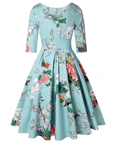 Plus Size Vintage Floral Print Fit and Flare Dress - Day Sky Blue 1x