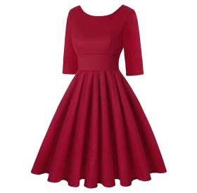 Plus Size V Shaped Back Vintage Fit and Flare Dress - Red L