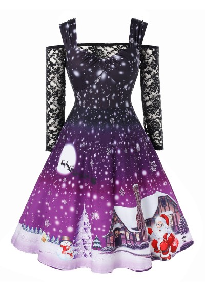 Plus Size Sweetheart Neck Christmas Vintage Dress with Lace T Shirt - Purple Flower L
