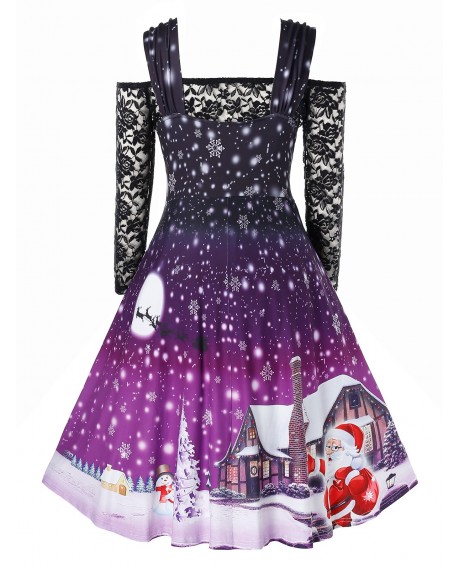 Plus Size Sweetheart Neck Christmas Vintage Dress with Lace T Shirt - Purple Flower L