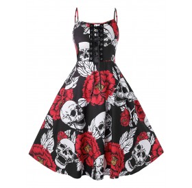 Plus Size Lace Up Skull Floral Print Halloween Vintage Dress - Black L