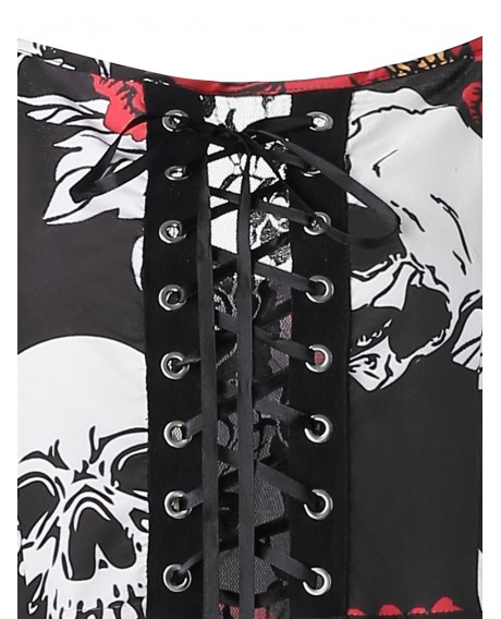 Plus Size Lace Up Skull Floral Print Halloween Vintage Dress - Black L