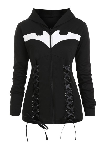 Lace-up Hooded Bat Print Plus Size Halloween Jacket - Black L
