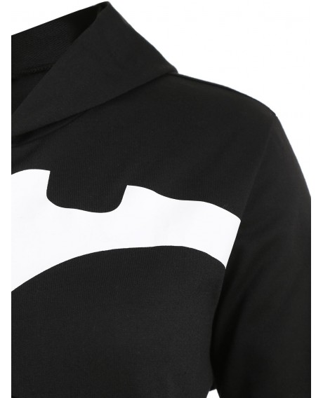 Lace-up Hooded Bat Print Plus Size Halloween Jacket - Black L