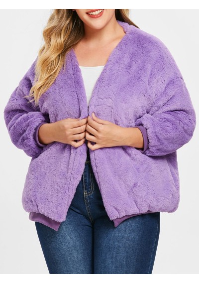 Plus Size Faux Fur Drop Shoulder Jacket - Purple Mimosa One Size