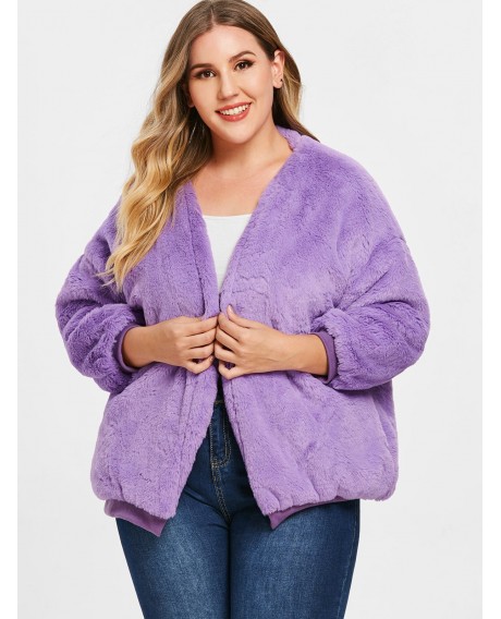 Plus Size Faux Fur Drop Shoulder Jacket - Purple Mimosa One Size