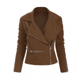 Plus Size Zippered Wool Jacket - Oak Brown L