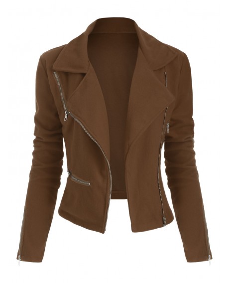 Plus Size Zippered Wool Jacket - Oak Brown L