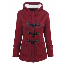 Fleece Lining Hooded Horn Button Plus Size Jacket - Red Wine L