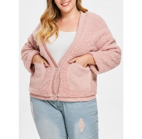 Plus Size Front Pockets Faux Fur Jacket - Pink One Size