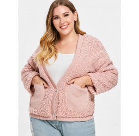 Plus Size Front Pockets Faux Fur Jacket - Pink One Size