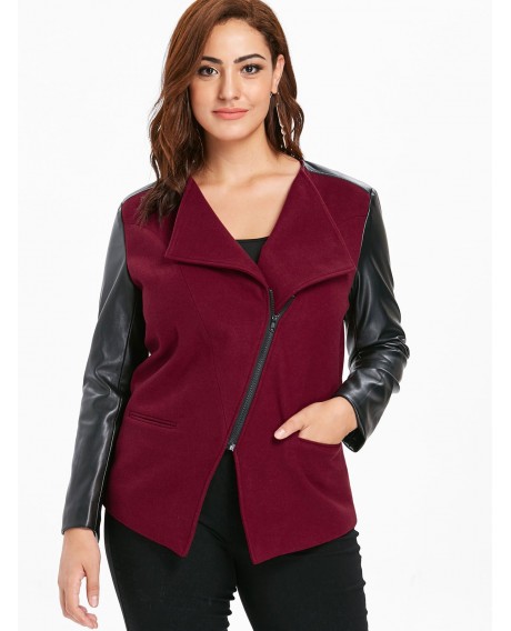 Plus Size Faux Leather Panel Jacket - Red Wine 1x