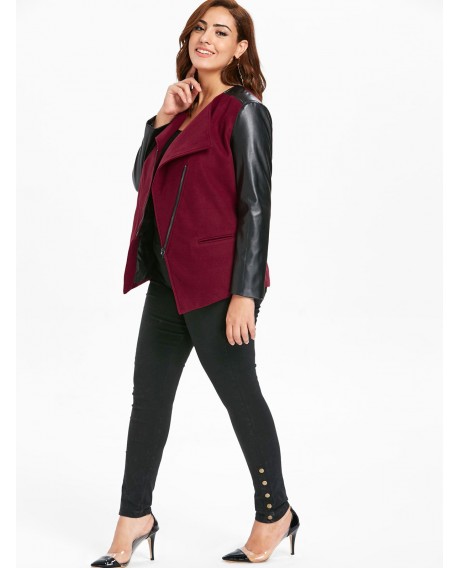 Plus Size Faux Leather Panel Jacket - Red Wine 1x