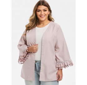 Plus Size Solid Color Open Front Frilled Jacket - Pink Rose 3x