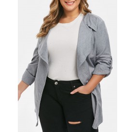 Plus Size Flat Collar Belted Rolled Sleeve Long Jacket - Gray Cloud 1x