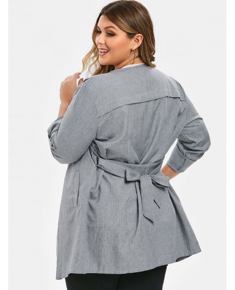 Plus Size Flat Collar Belted Rolled Sleeve Long Jacket - Gray Cloud 1x