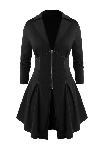 Plus Size Lapel Zipper Tunic Jacket - Black L