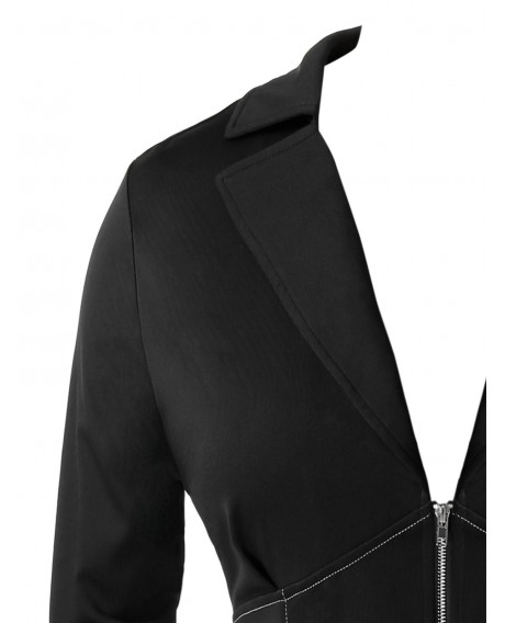 Plus Size Lapel Zipper Tunic Jacket - Black L