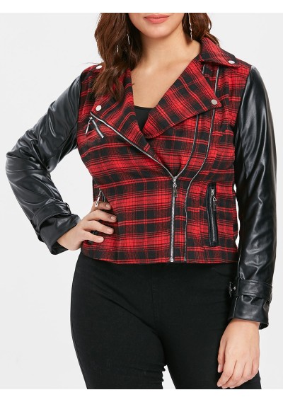 Plus Size Plaid Faux Leather Insert Jacket - Red Wine 2x