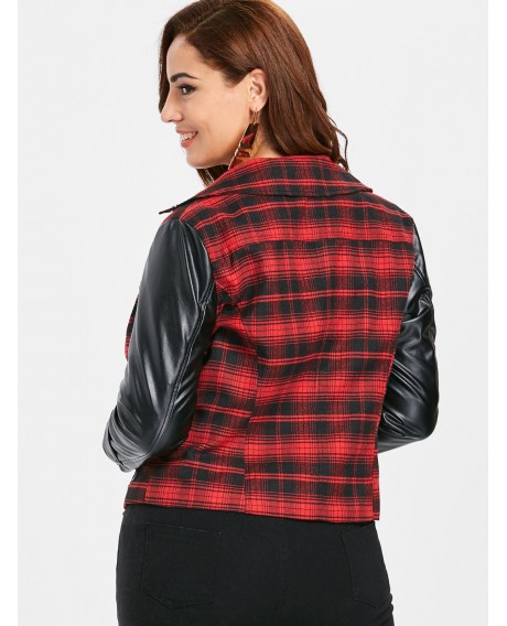 Plus Size Plaid Faux Leather Insert Jacket - Red Wine 2x