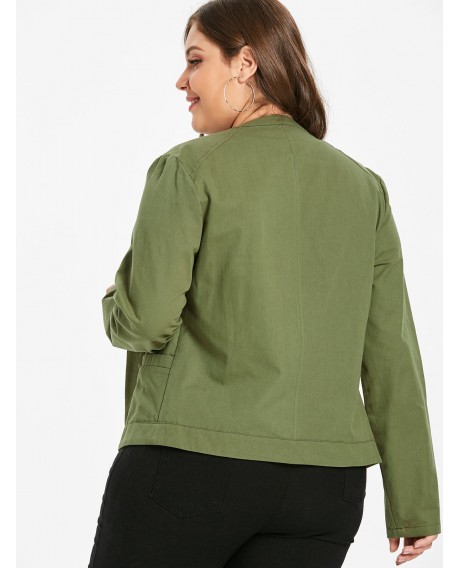Plus Size Open Front Jacket with Buttons - Army Green 1x