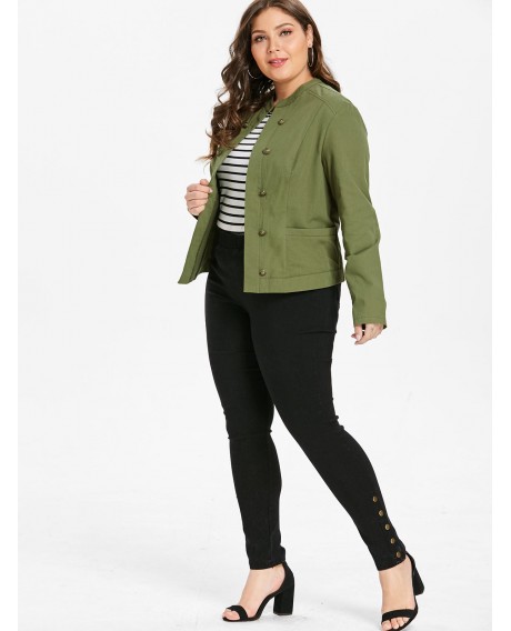 Plus Size Open Front Jacket with Buttons - Army Green 1x
