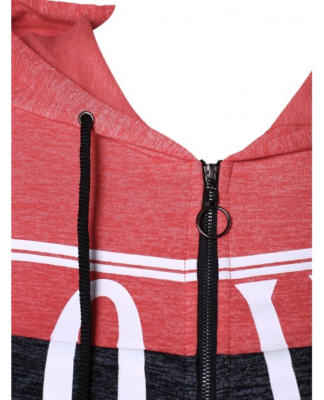 Plus Size Letter Striped Print Zip Jacket - Valentine Red L