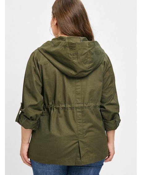 Drawstring Waist Plus Size Front Pockets Jacket - Army Green L