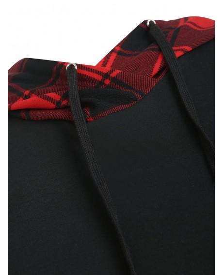 Plus Size Plaid Panel Hooded Flare Sweatshirt - Black L
