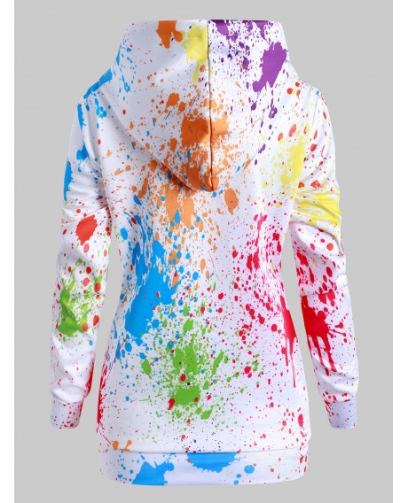 Rainbow Paint Splatter Front Pocket Drawstring Plus Size Hoodie - White 2x