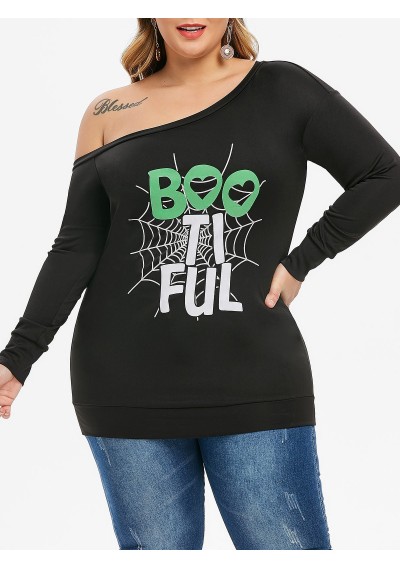 Plus Size Halloween Skew Neck Printed Graphic Sweatshirt - Black L