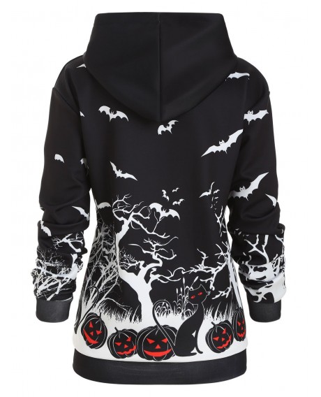 Pumpkin Bat Print Front Pocket Halloween Plus Size Hoodie - Night L