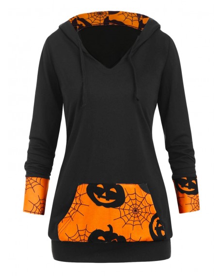 Cobwebs Pumpkin Front Pocket Halloween Plus Size Hoodie - Black L