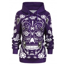 Plus Size Halloween Floral Skull Print Pullover Hoodie - Purple L