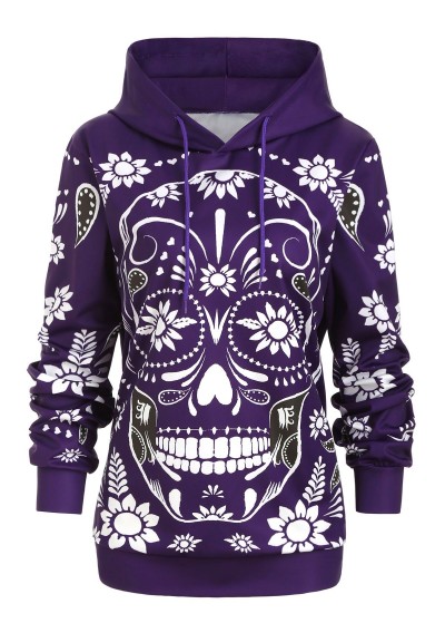 Plus Size Halloween Floral Skull Print Pullover Hoodie - Purple L