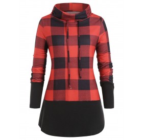 Cowl Neck Brushed Plaid Plus Size Sweatshirt - Red M