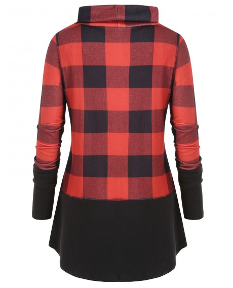 Cowl Neck Brushed Plaid Plus Size Sweatshirt - Red M