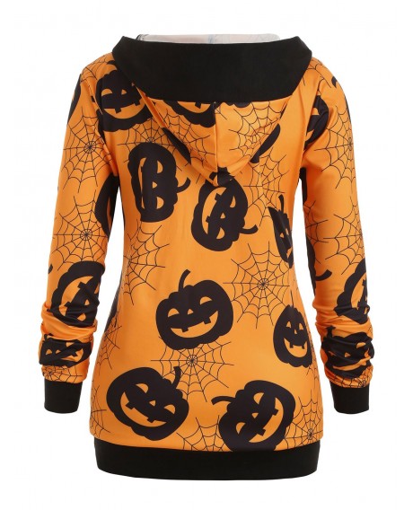 Halloween Cobweb Pumpkin Mock Button Plus Size Hoodie - Orange L