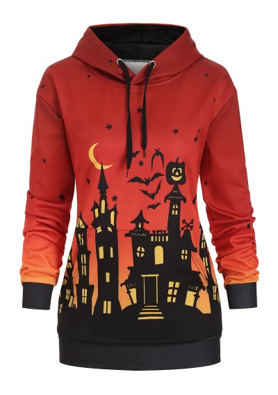 Bat Pumpkin Halloween Night Front Pocket Plus Size Hoodie - Halloween Orange L