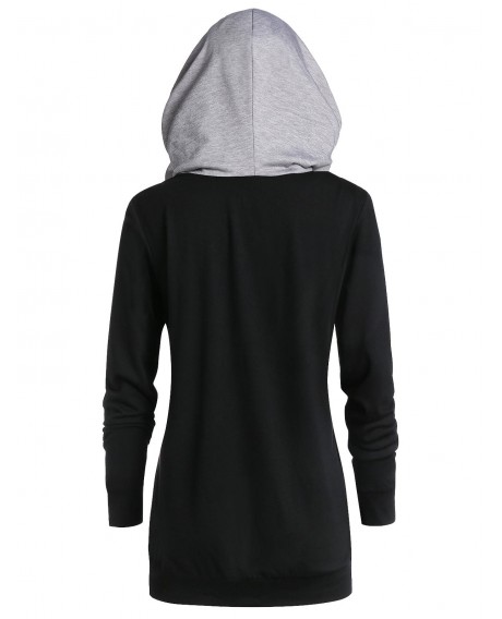 Plus Size Plaid Panel Long Sleeve Tunic Hoodie - Black 1x
