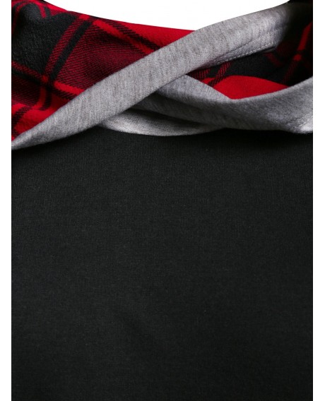Plus Size Plaid Panel Long Sleeve Tunic Hoodie - Black 1x