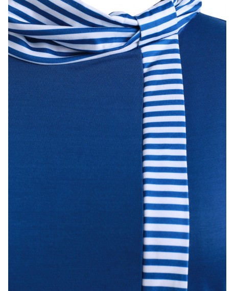 Striped Panel Cowl Neck Plus Size Longline Sweatshirt - Slate Blue 2x
