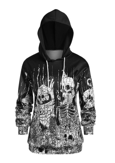 Plus Size Skull Print Tunic Hoodie - Black L